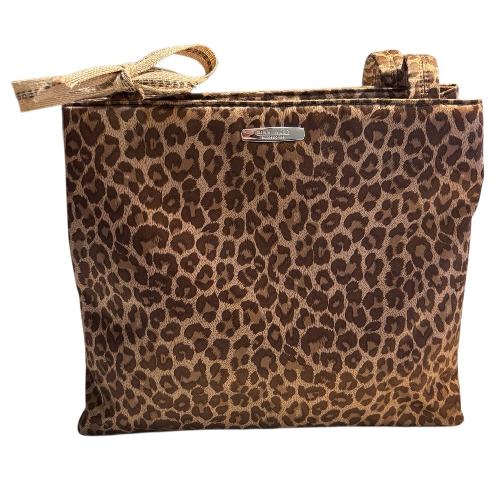 Nine West Brown Leopard Shoulder Bag faux Silk Tan Brown Tote flaw handle Satin